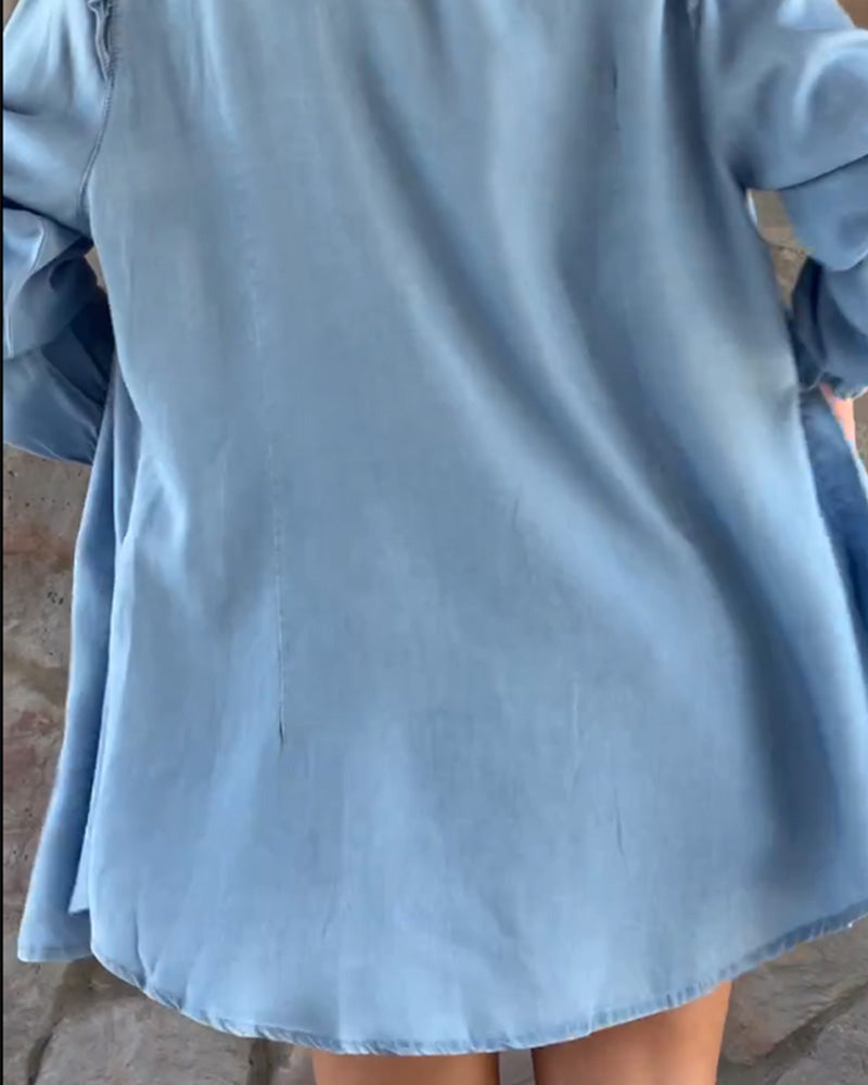 Solid Color Denim Long Sleeve Top