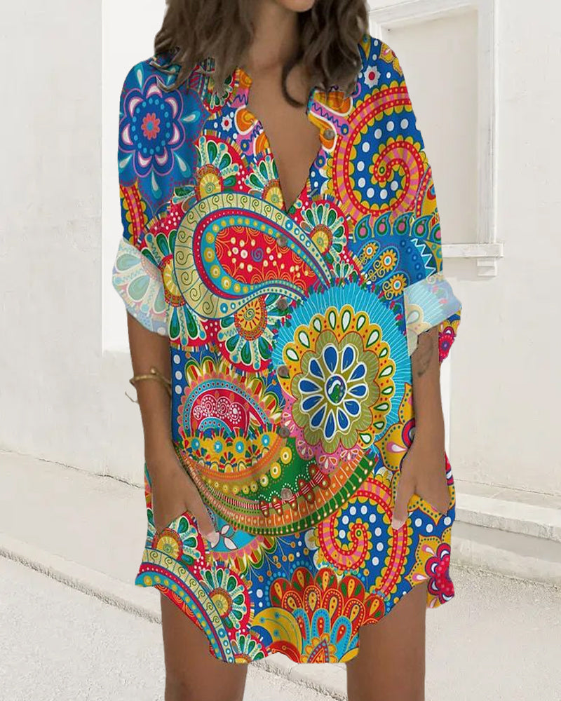 Printed button long sleeve pocket dress