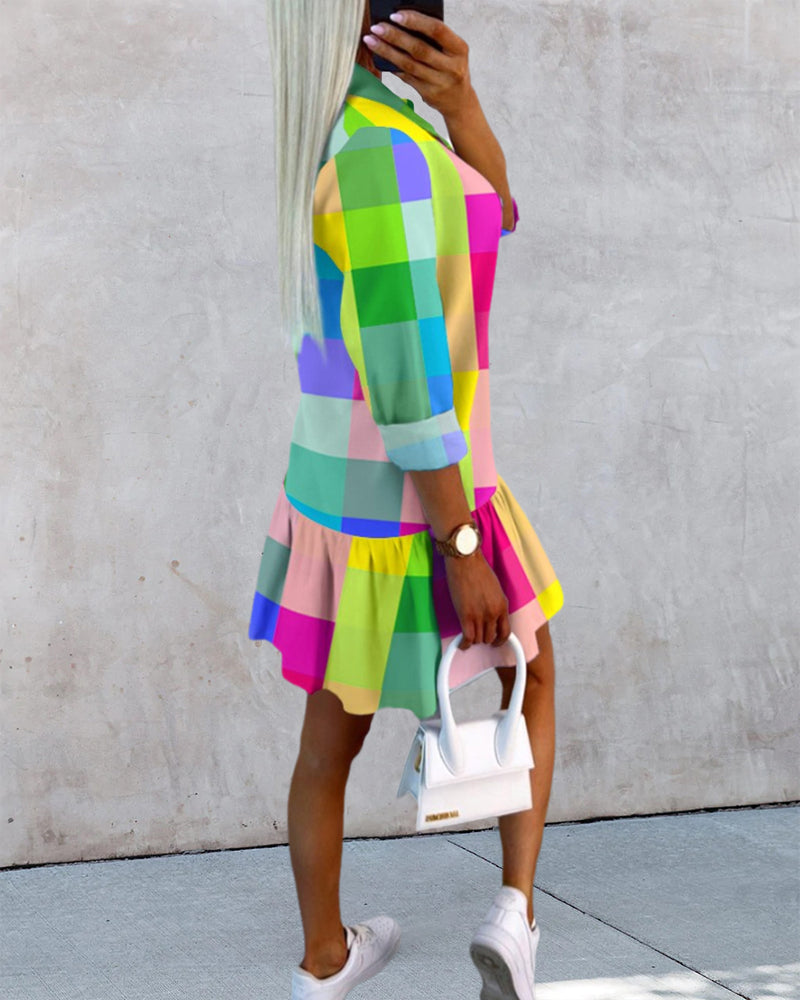 Colorful plaid print shirt dress