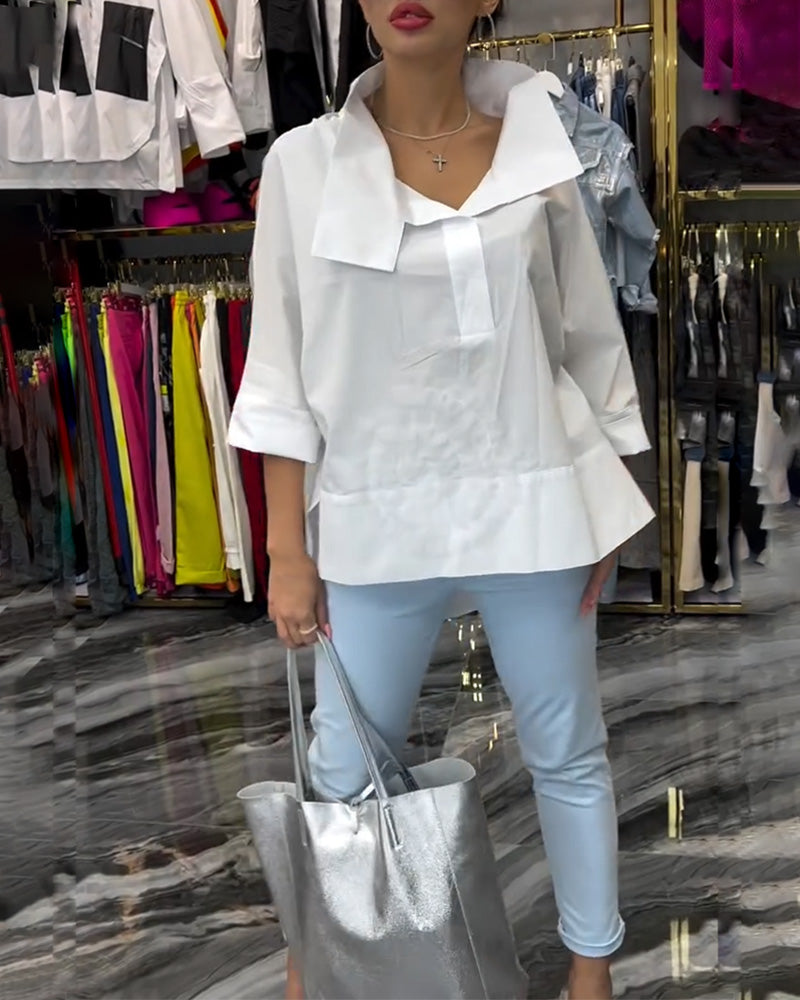 Lapel lace stitching flower blouse