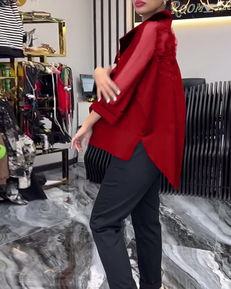 Lapel lace stitching flower blouse