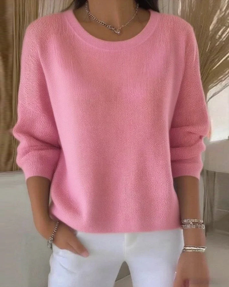 Solid Round Neck Drop Shoulder Jumper