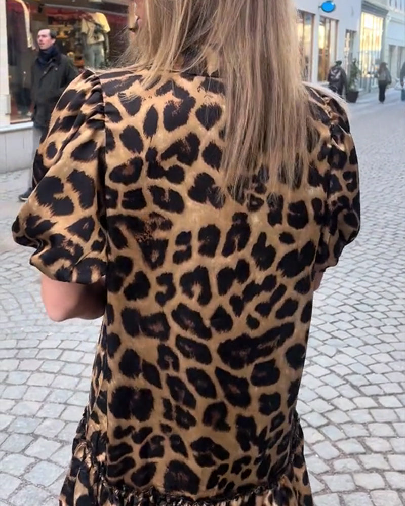 Puff-Sleeved Leopard Print Dress