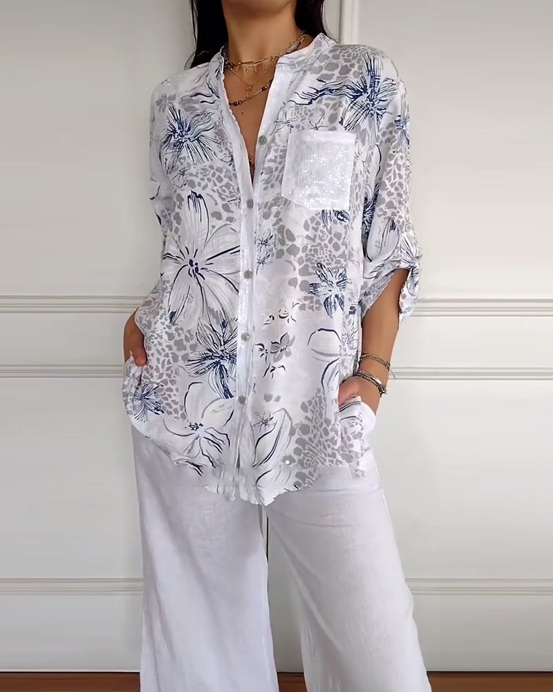 Stand Collar Printed Pocket Shirt