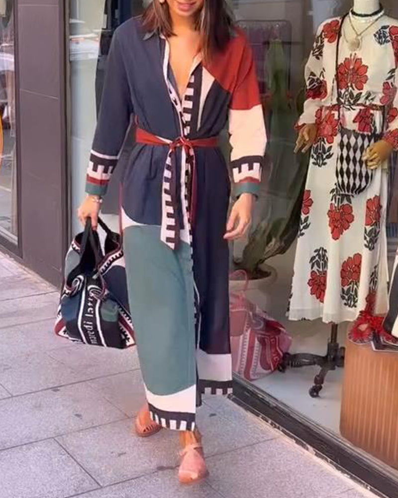 Casual color block printed lapel lace-up dress