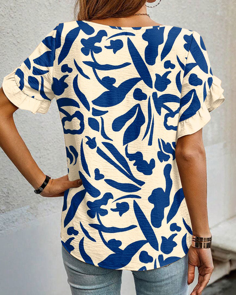 Round Neck Printed Ruffled Blouse