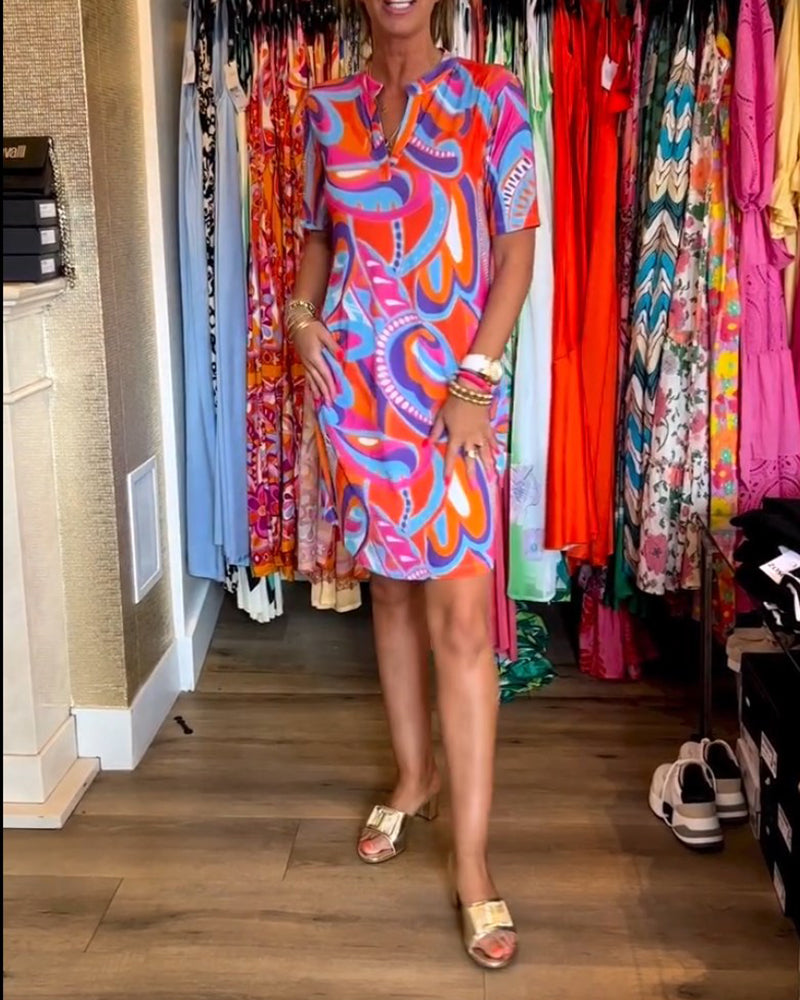 Colorful printed pocket V-neck dress