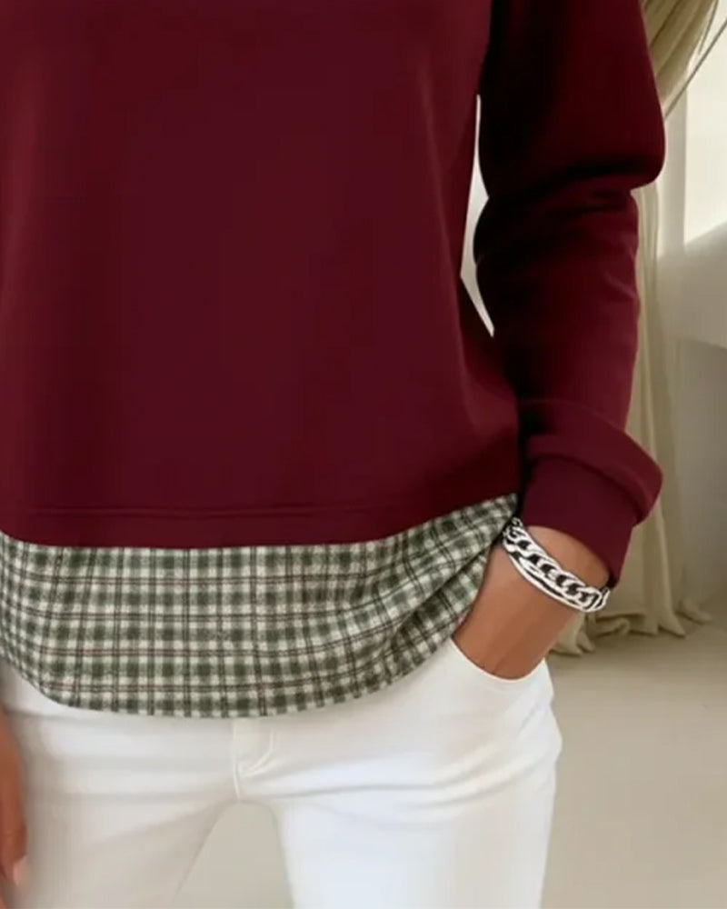 Plaid Faux Two-Piece Patchwork Sweatshirt