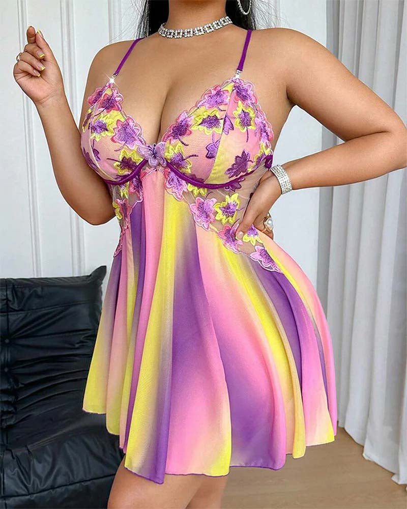 Plus Size Colorful Embroidered Camisole Nightgown