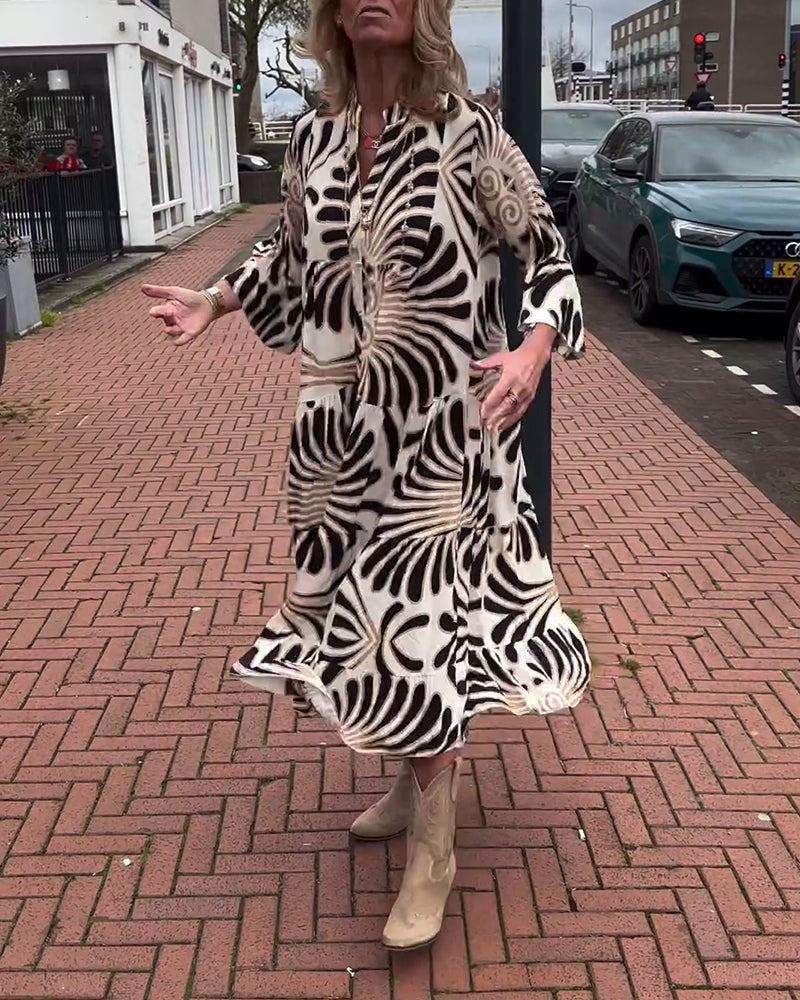 Printed  V neck Flare Sleeve  dress