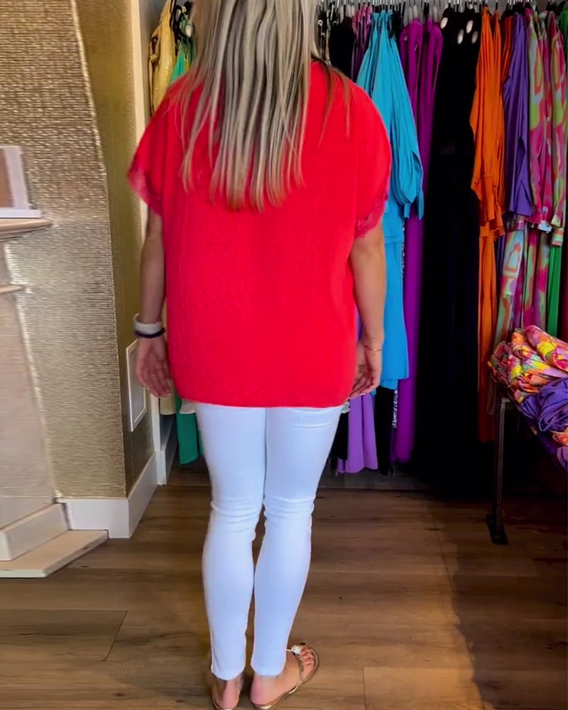 Spliced lace v-neck solid color top