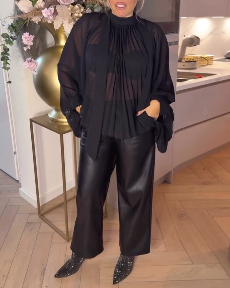 Solid Color Batwing Sleeve Ribbon Blouse