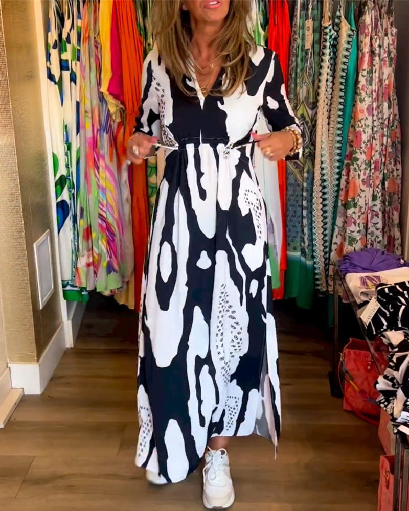 Slit V Neck Long Sleeve Dress