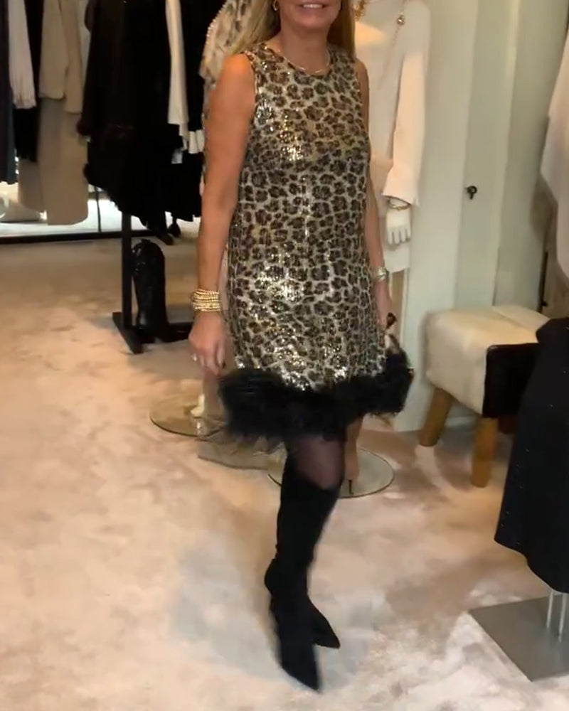 Sleeveless Leopard Print Ostrich Feather Fashion Dress