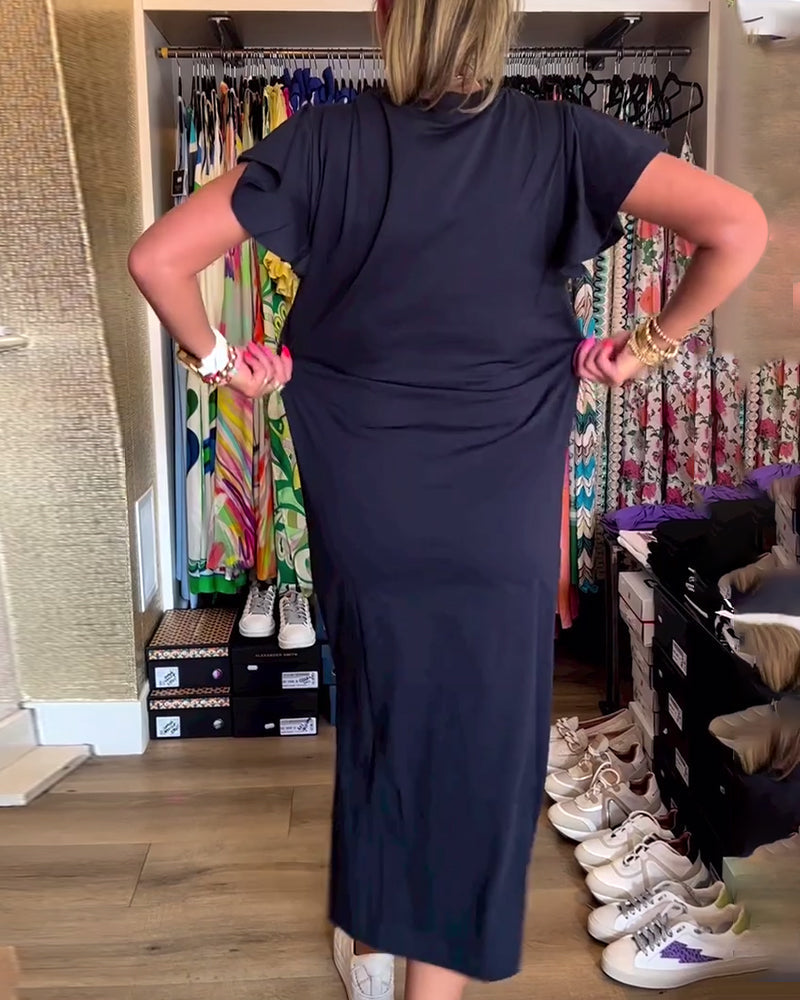 Letter print ruffle sleeve slit casual dress