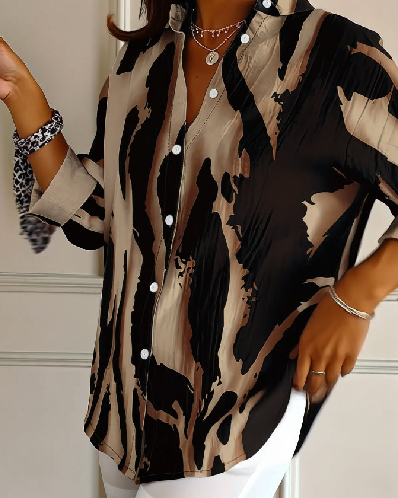 Stand Collar Irregular Printed Blouse