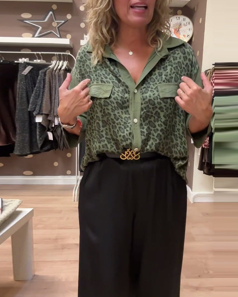 Lapel leopard print button-down casual shirt