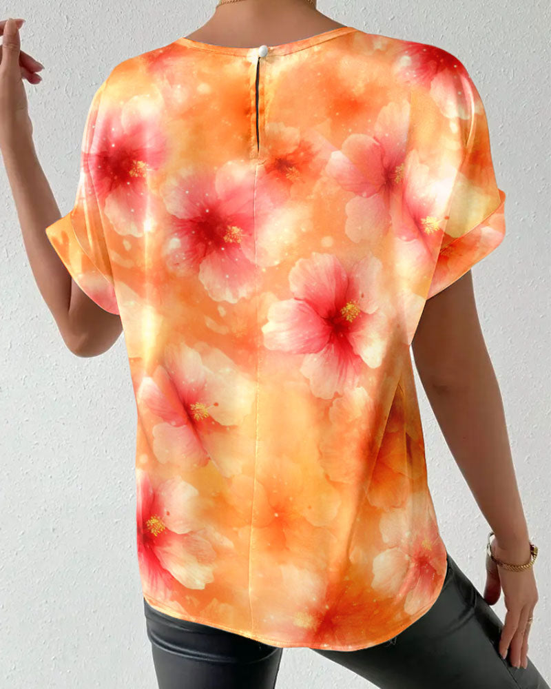 Round Neck Tie-Dye Big Flower T-Shirt
