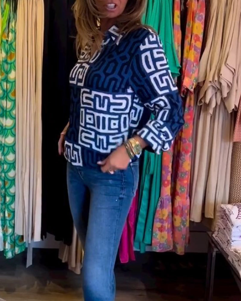 Long Sleeve V Neck Printed Top