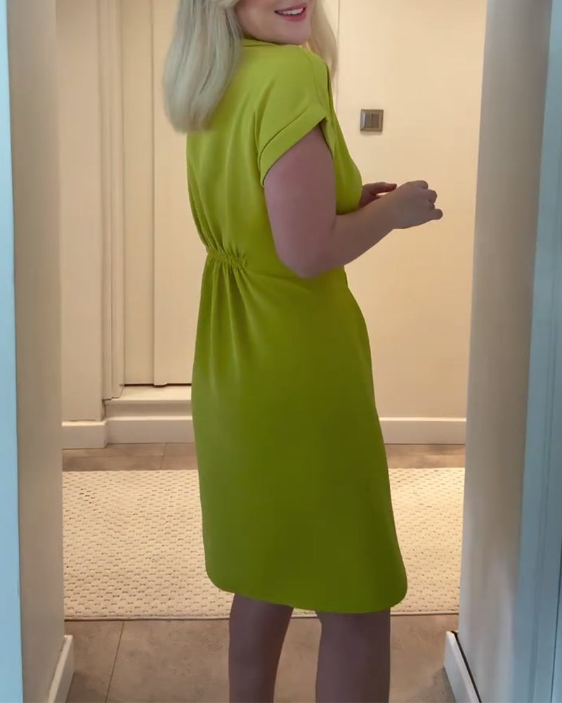 Lapel Solid Color Pleated Waist Dress