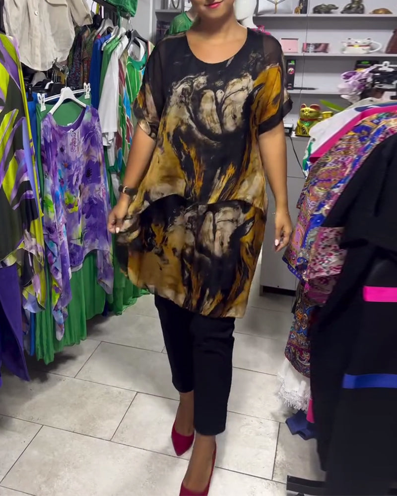 Round Neck Loose Casual Printed Top