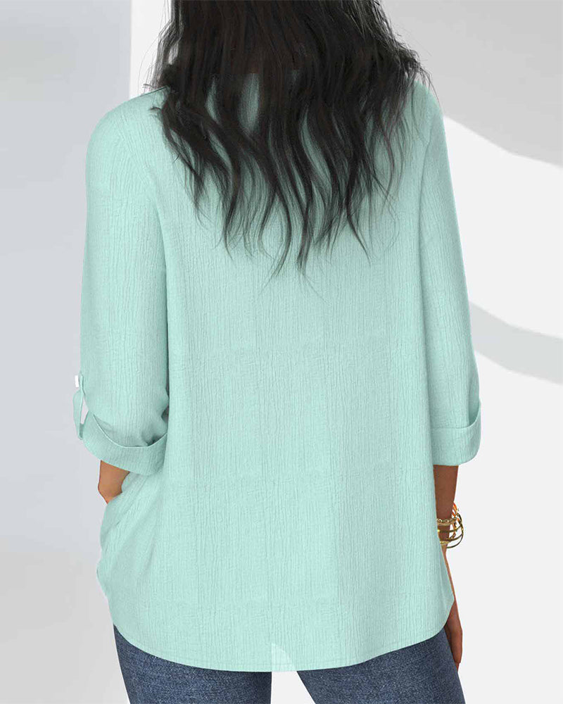 Solid color pleated sleeve button lace casual blouse