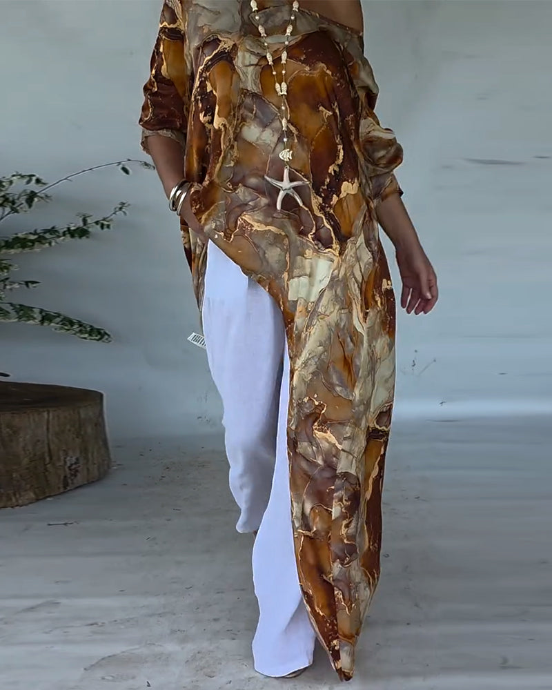 Fashionable Slit Printed Blouse