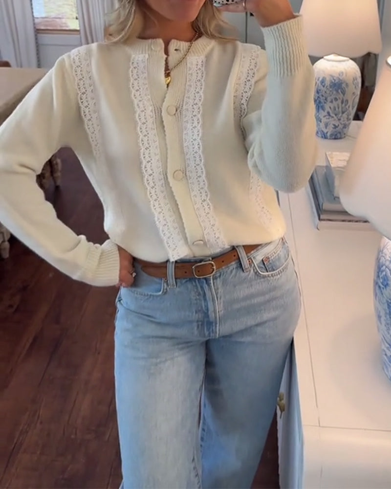 Elegant Lace-Trimmed Button-Down Cardigan