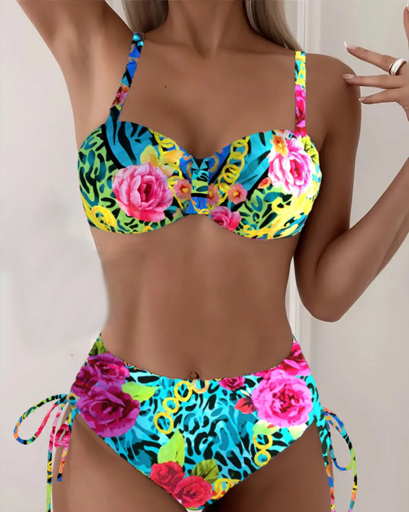 Floral Print Sexy Bra Triangle Lace-Up Bikini