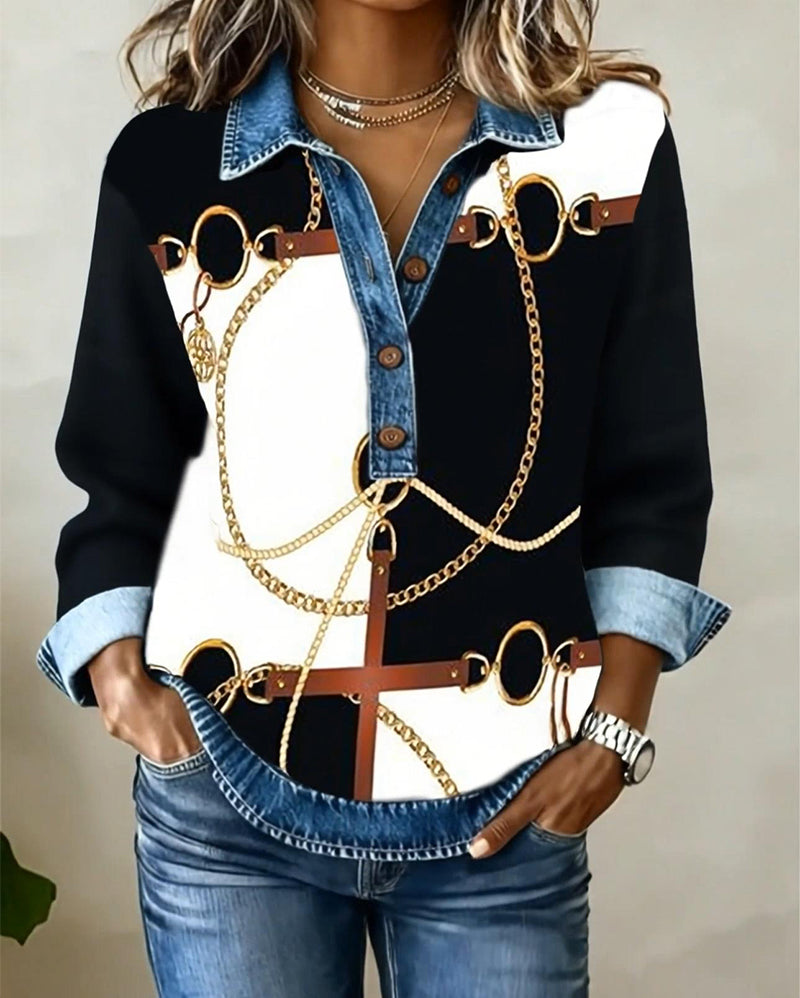 Denim Patchwork Chain Print Sweatshirt
