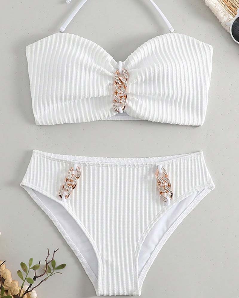 Halter Solid Color Striped Swimsuit