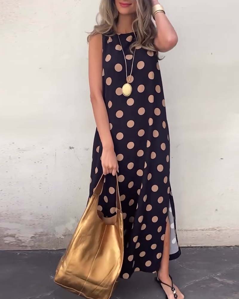 Sleeveless Polka Dot Slit Maxi Dress