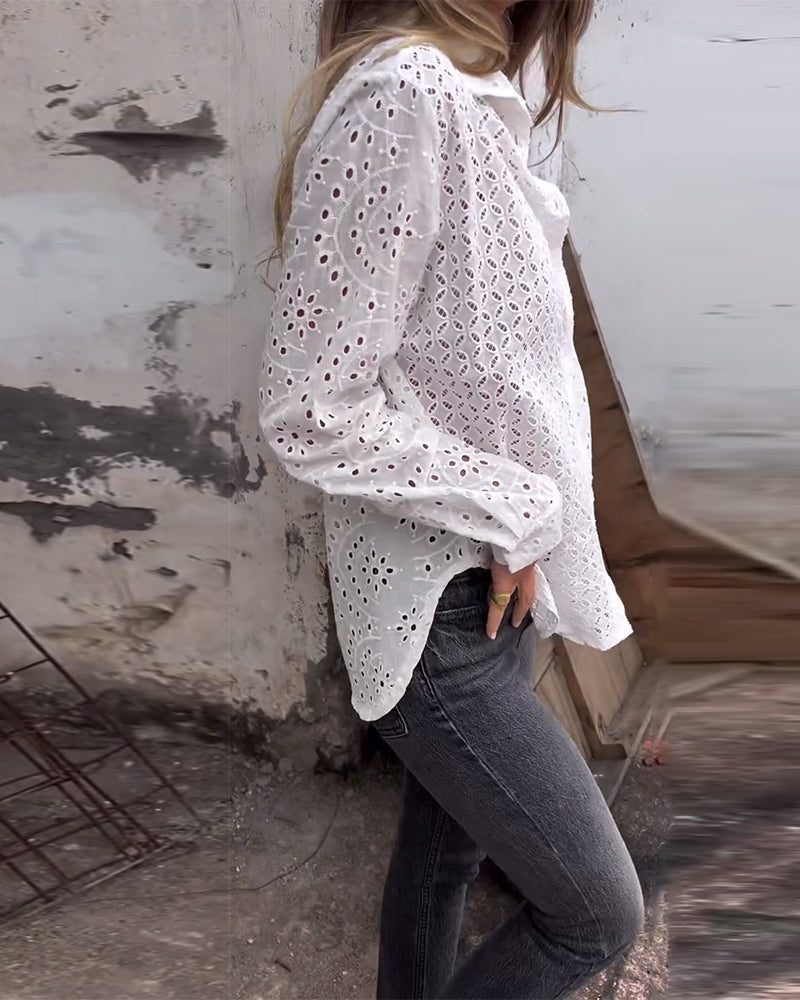 Long-Sleeved Lapel Cutout Shirt