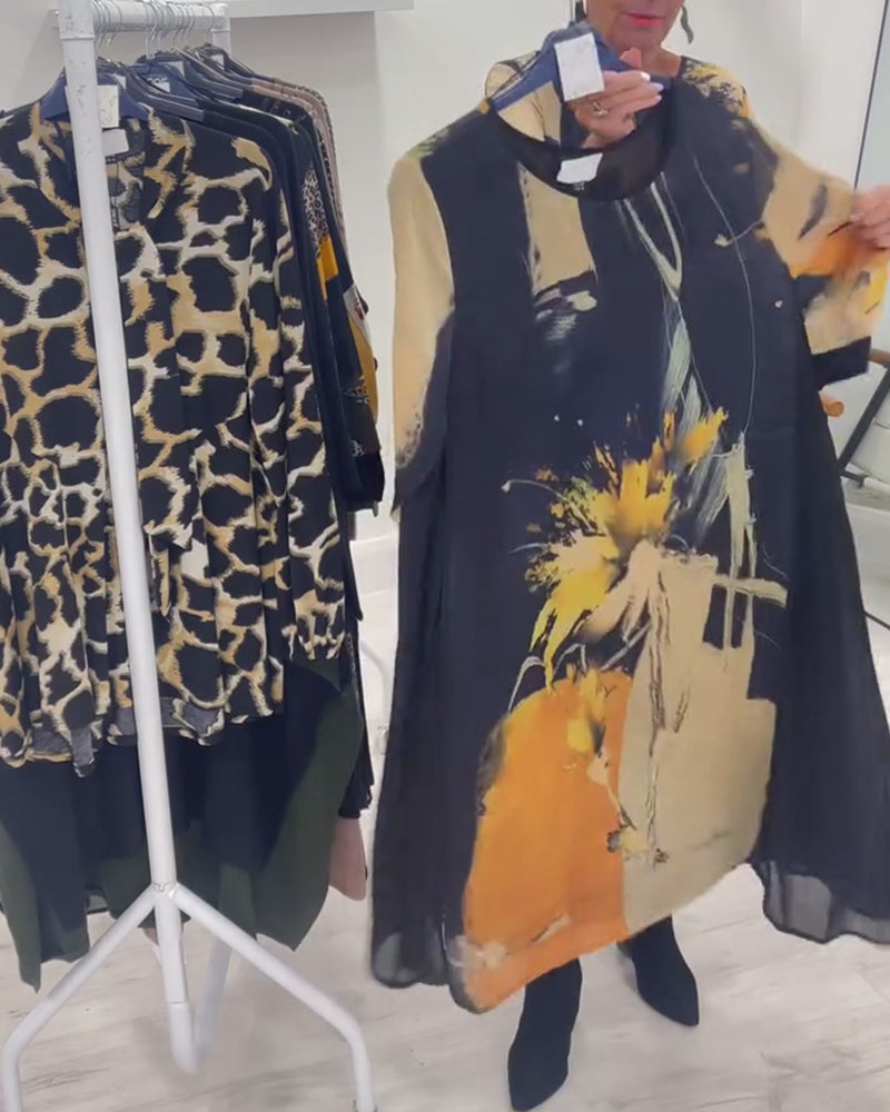 Round Neck Retro Print Dress