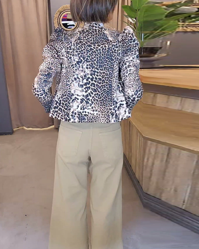Leopard print puff sleeve casual jacket