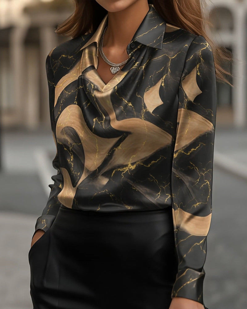 Cuffed Collar Printed Blouse