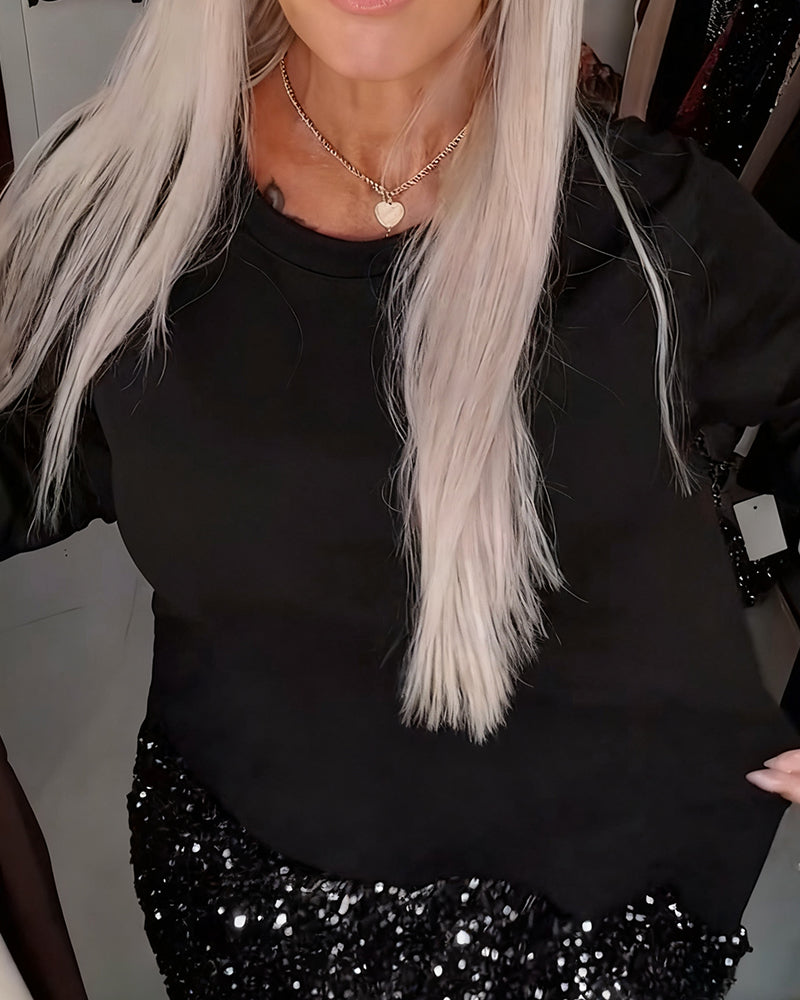 Round Neck Long-Sleeved Sequined Patchwork Dress