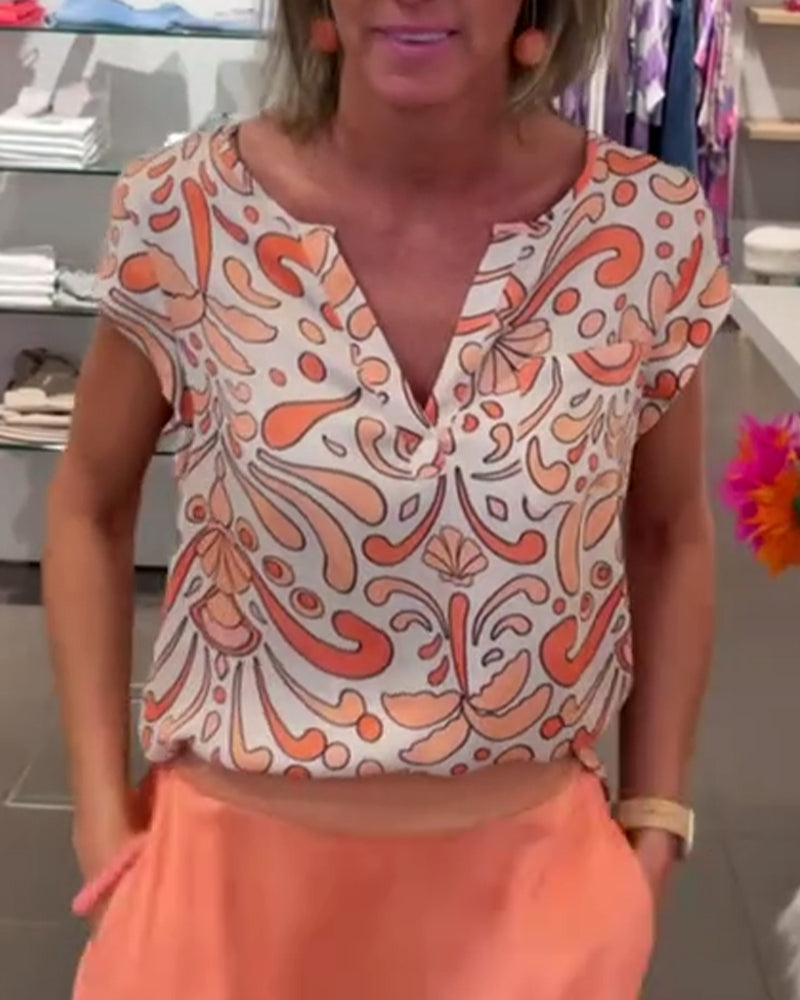 Printed V-neck raglan sleeves casual blouse