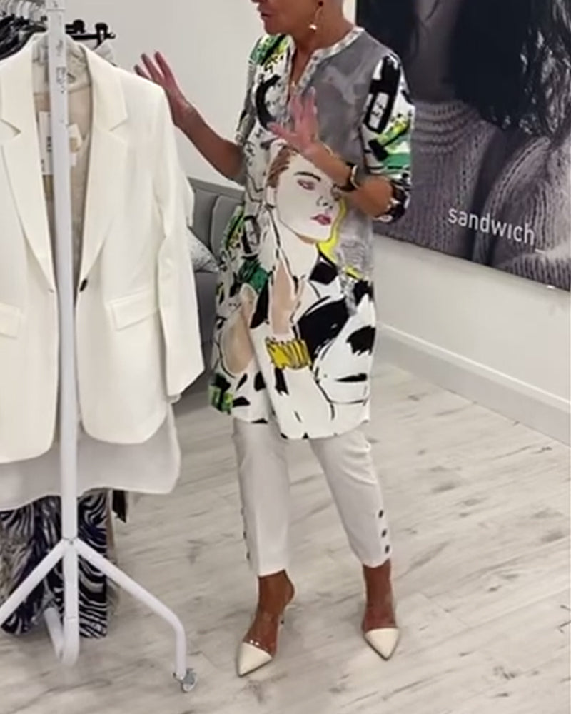 Character print button casual long top