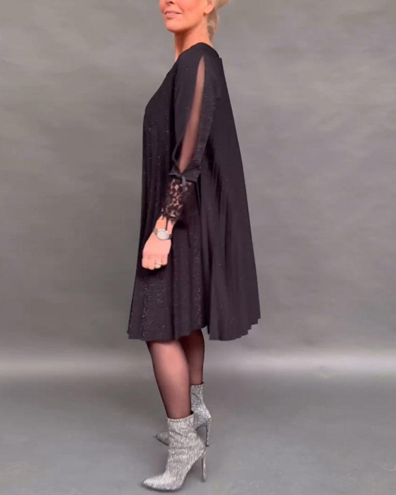 Patchwork lace pleated solid color dress