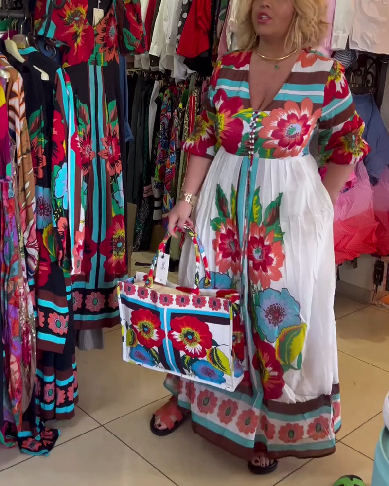 Deep V loose casual floral dress