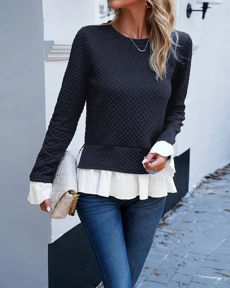Lace Contrast Crew Neck Top