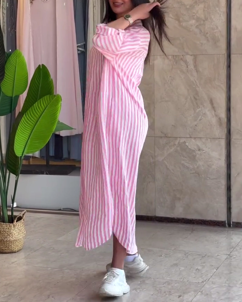 Loose Lapel Striped Dress