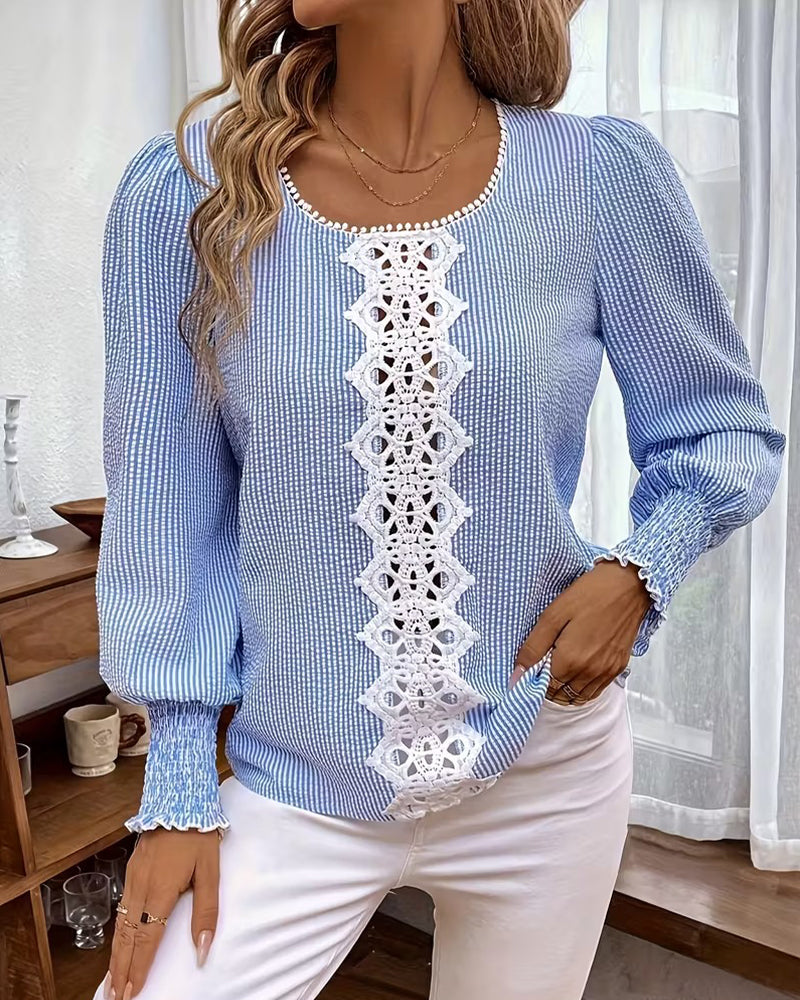 Puff-Sleeved Striped Lace-Trimmed Blouse