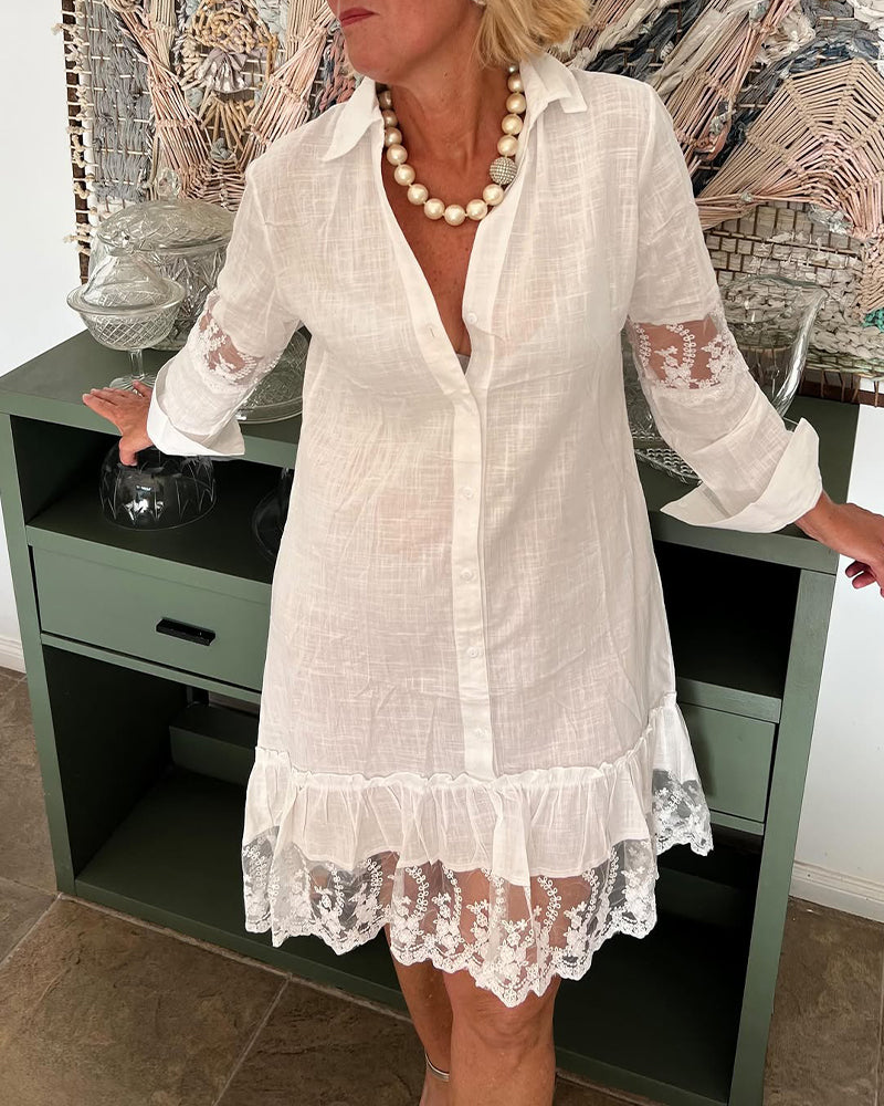 Lace-Trimmed Collared Shirt Dress