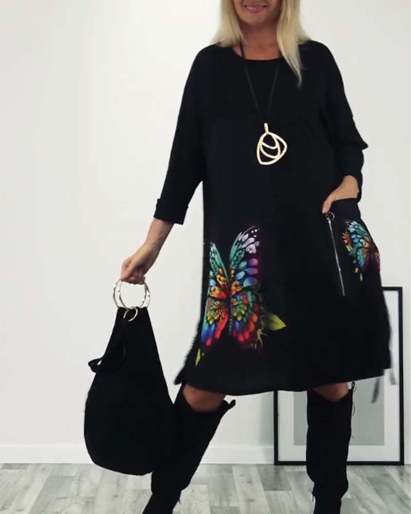 Butterfly print pocket long sleeve dress