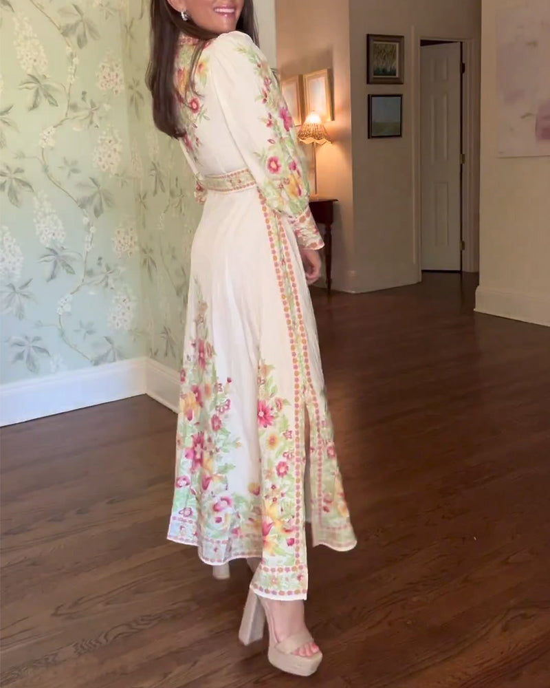 Elegant floral print lapel long sleeve maxi dress