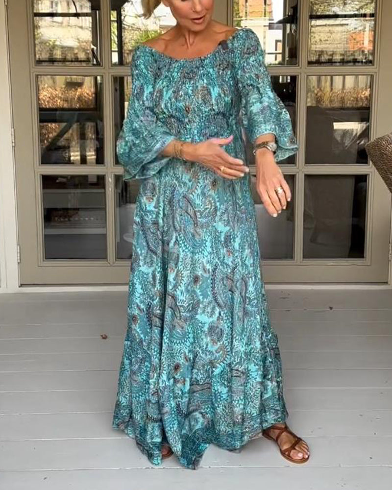 Elegant printed one-shoulder flare sleeve long dress