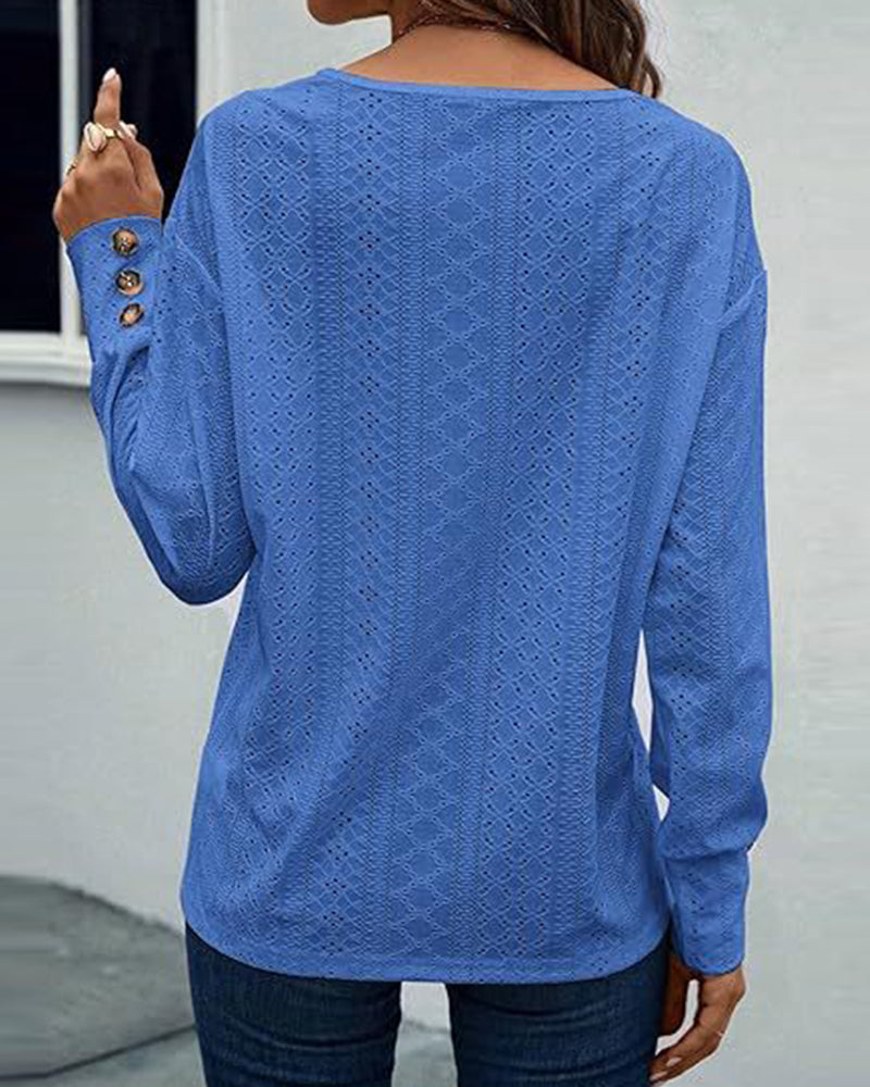 Casual V-Neck Hollow Solid Color Blouse