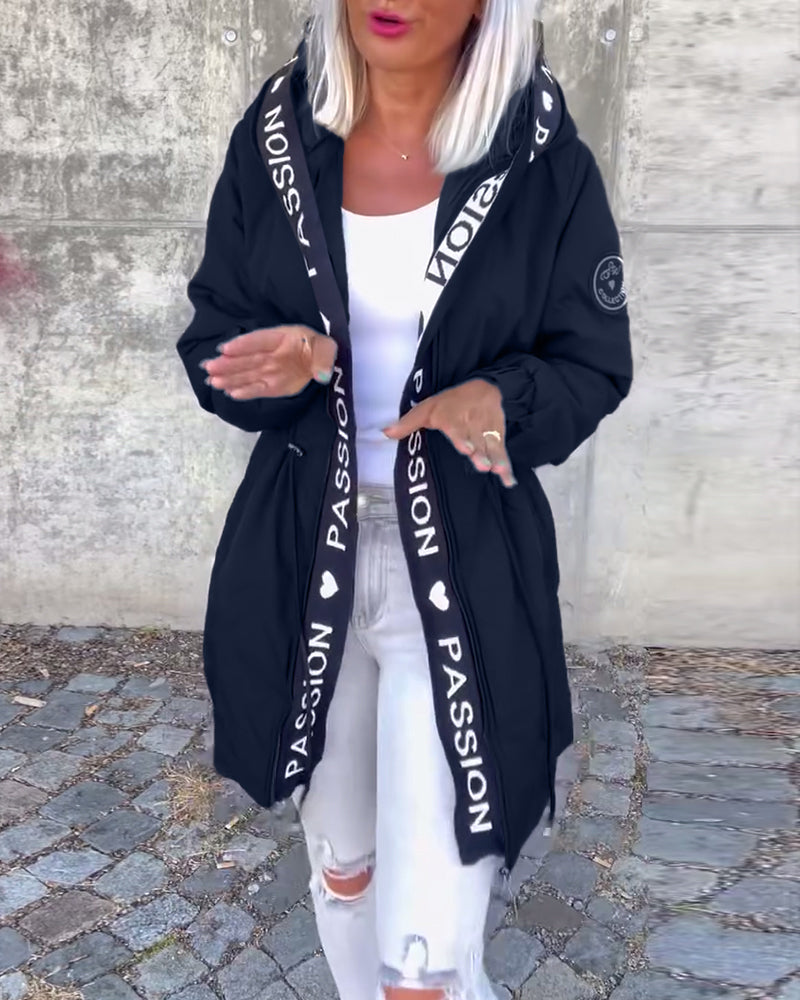 Casual letter print drawstring hooded coat
